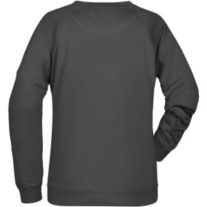A dark grey ladies' sweatshirt with a simple design and raglan sleeves, featuring a logo on the back.