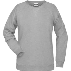 A grey ladies' sweatshirt with a simple design and a logo on the label. Features raglan sleeves.