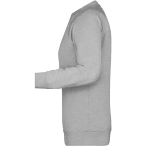 A grey ladies' sweatshirt features a crew neck and long sleeves. It includes a logo on the chest.