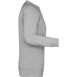 A grey ladies' sweatshirt with long sleeves and ribbed cuffs, featuring a simple design and a logo.