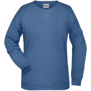 A blue ladies sweat jumper with a raglan sleeve design and a logo on the upper inside.