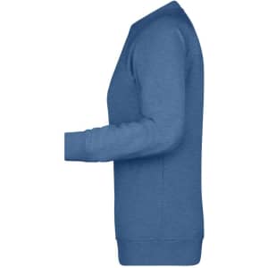 A blue ladies' sweatshirt featuring long sleeves and a crew neckline, with a logo on the side.