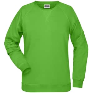 A bright green ladies' sweatshirt with long sleeves and a round neckline, featuring a plain design and a logo.