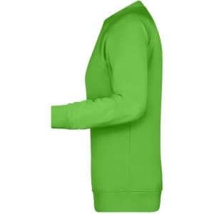 A green ladies sweatshirt displayed from the side, featuring a round neckline and long sleeves. It has a logo.