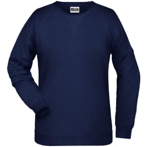 A navy blue women's jumper featuring a classic crew neck and long sleeves, with a logo on the label.