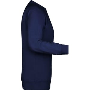 A navy blue ladies' jumper, featuring a classic crew neck and long sleeves, displayed from the side.