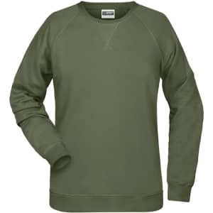 A green ladies' sweatshirt with a crew neck and long sleeves, featuring a logo on the chest.