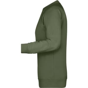 A green jumper with a crew neck and long sleeves, featuring a side view and fitted design.
