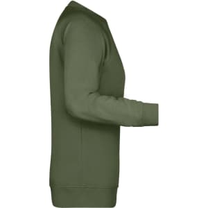 A green ladies' sweater with long sleeves and a crew neckline, featuring a logo on the side.