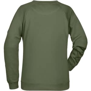 A green women's sweatshirt featuring a simple design and a back view. It has a logo on the sleeve.