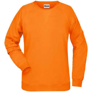 An orange women's jumper with a crew neck and raglan sleeves. It features a branding logo.
