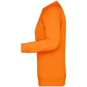 An orange sweatshirt with long sleeves and a round neck, featuring a logo.