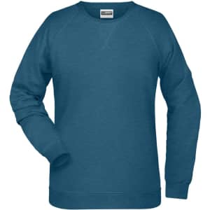 A blue ladies' sweatshirt with a round neckline and long sleeves, featuring a logo.