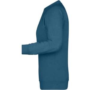 A side view of a ladies sweater in a teal blue colour, featuring long sleeves and ribbed cuffs.