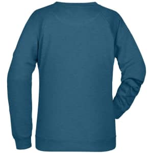 A teal ladies' sweatshirt featuring a simple design and long sleeves, with a logo on the back.