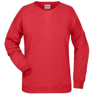 A red ladies sweatshirt with a round neckline and long sleeves, featuring a logo on the front.