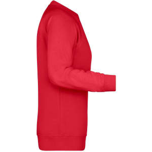 A red sweater features a classic design with long sleeves and a crew neckline. It has a branding logo.
