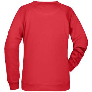 A red ladies' sweater featuring a crew neck and long sleeves, with a plain back and a logo on the bottom.