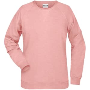 A pink ladies' sweatshirt with a relaxed fit and raglan sleeves, featuring a branding logo.