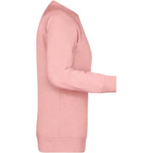 A pink ladies jumper features a simple design with long sleeves and a ribbed hem. It includes a logo.