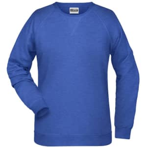 A blue women's sweatshirt with long sleeves and a crew neckline. The garment features a logo.