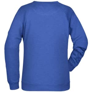 A blue jumper with a crew neck and long sleeves, featuring a logo on the back side.