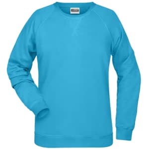 A vibrant turquoise sweatshirt with a crew neckline and long sleeves. It has a logo on the front.