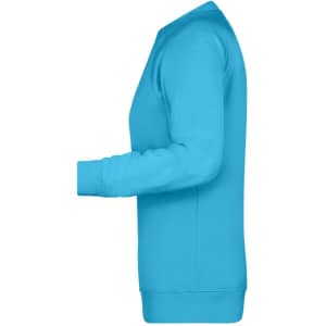 A blue jumper featuring long sleeves and a round neckline, with a logo on the front side.
