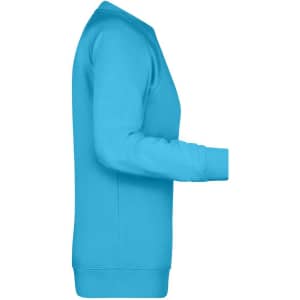 A blue sweatshirt with long sleeves, featuring a logo on the side.