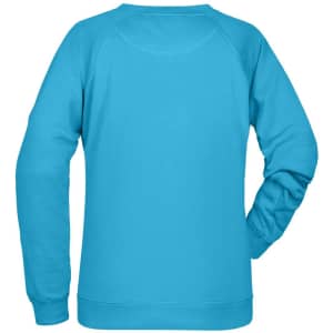 A bright blue ladies' jumper with a crew neck and long sleeves, featuring a simple design on the back.
