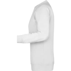 A white jumper with a crew neck and long sleeves, featuring a logo on the side.