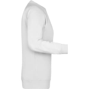 A white ladies sweater displayed from the side, featuring a classic design and ribbed cuffs.