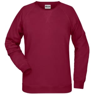 A maroon ladies' sweat jumper made of soft fabric, featuring long sleeves and a crew neck. It has a logo on the label.