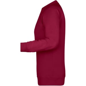 A red ladies' sweater displayed from the side, featuring long sleeves and a crew neck. It has a logo.