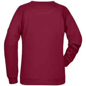 A maroon sweater with a simple design and long sleeves, featuring a logo on the back.