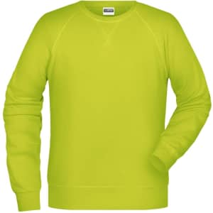 A bright lime green men's sweatshirt with long sleeves and a crew neck. It features a logo on the label.