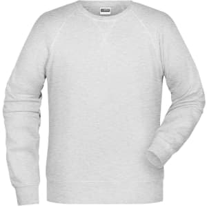 A grey men's sweater with raglan sleeves and a crew neck design. The garment features a logo on the label.