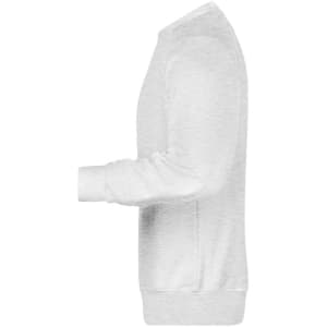 A white sweatshirt with long sleeves and a crew neckline, featuring a subtle logo on the side.