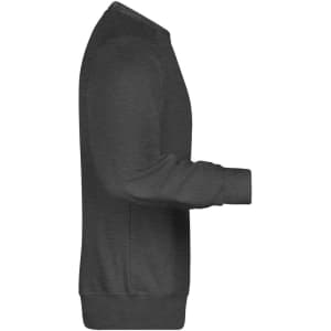 A dark grey men's sweater displayed from the side, featuring long sleeves and a rounded neckline.