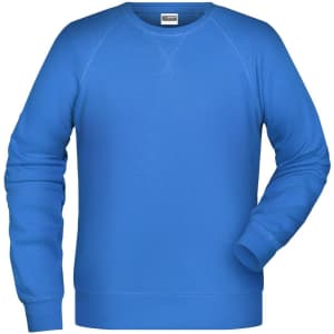 A bright blue men's sweater with a classic crew neckline and ribbed cuffs. It features a logo on the label.