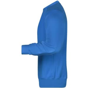 A blue men's jumper with a crew neckline and long sleeves, featuring a simple design and a logo.