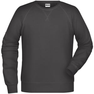 A black sweater with long sleeves and a crew neck, featuring a logo on the label.