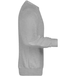 A grey men's sweater with long sleeves and a crew neckline, featuring ribbed cuffs and hem. It has a logo.