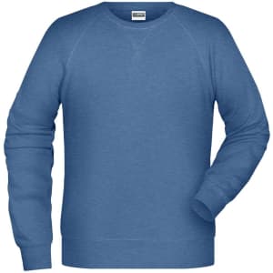 A blue men's sweatshirt with a crew neckline and long sleeves, featuring a logo on the label.