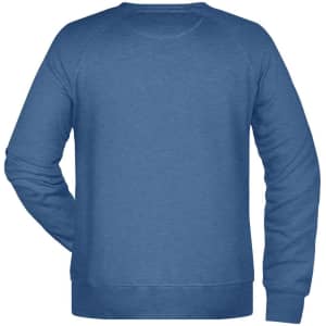 A men's sweater in dark blue, featuring a simple design and a logo on the back.