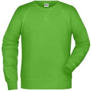 A green men's jumper with long sleeves and a round neckline. It features a logo on the label.