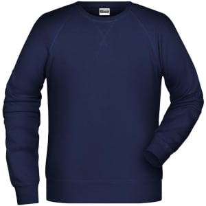 A navy blue men's jumper with long sleeves and a round neckline. It features a branded logo.