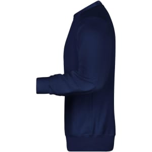 A navy blue men's jumper with a simple design and a logo on the front.