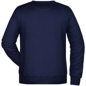 A dark navy men's sweatshirt with a crew neck and ribbed cuffs, featuring a logo on the back.
