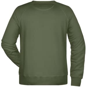 A men's sweater in an olive green colour with a plain back design and long sleeves. It features a logo.